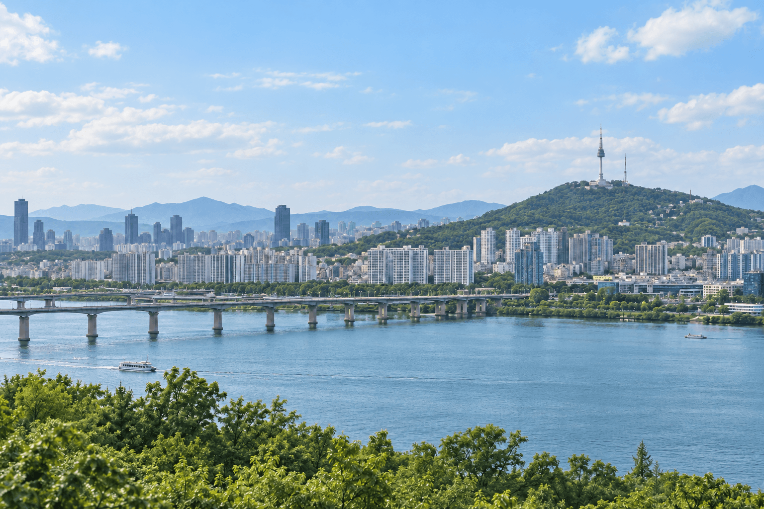 푸른 한강과 초록빛 남산을 담은 맑은 낮의 서울 풍경